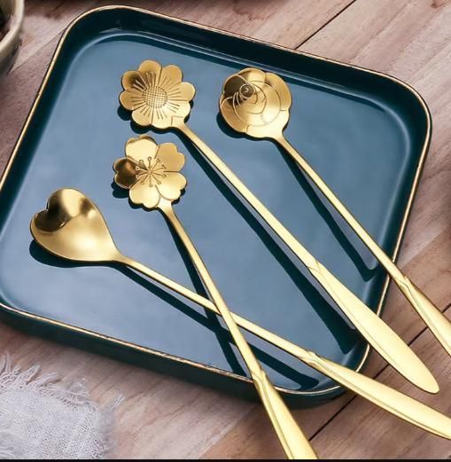 Golden Finished Floral Spoon Set of 4 with Sunflower, Rose , Lily and Daisy Design